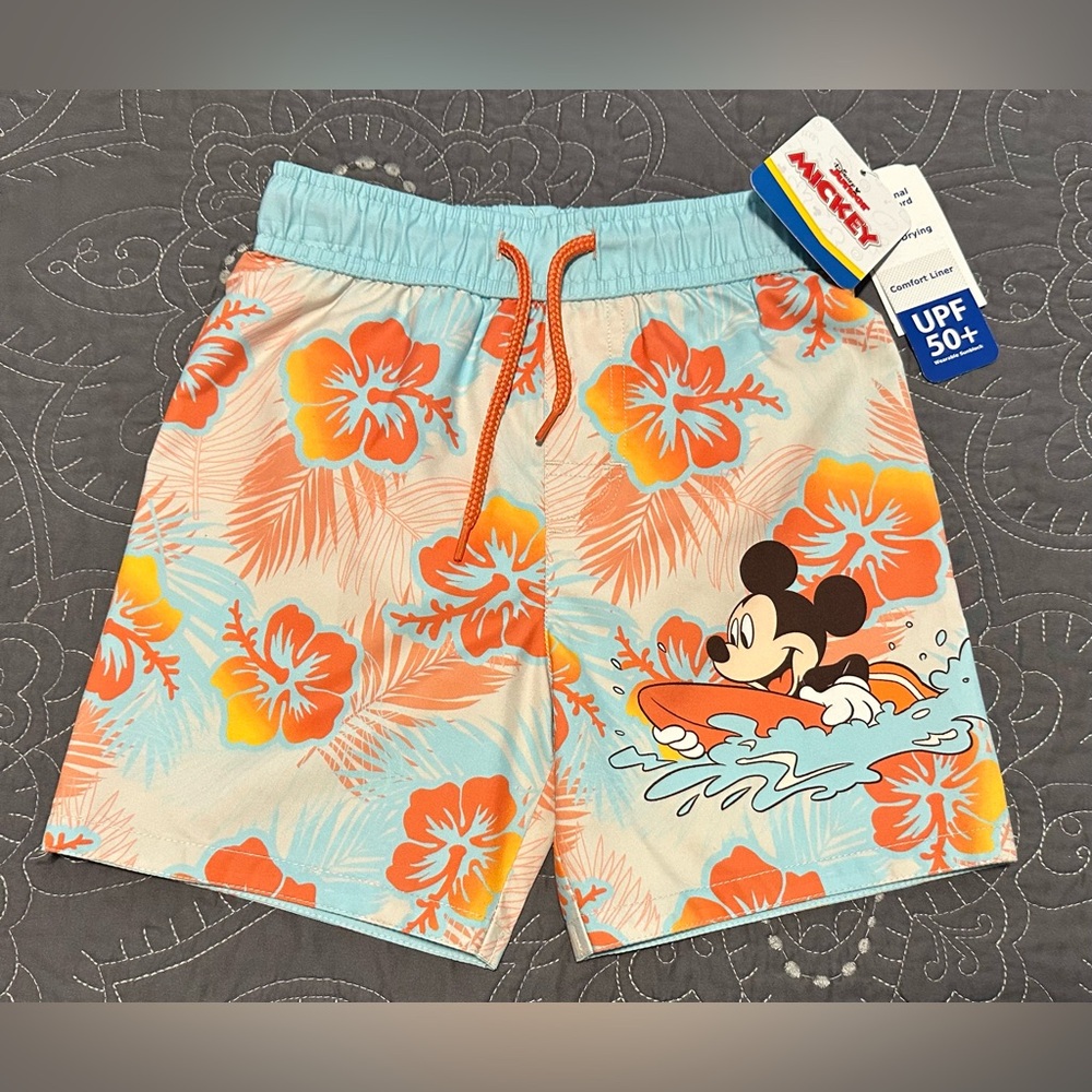 Disney Surfer Mickey Toddler Boys Aqua/Orange Swim Trunks NWT Size 3T